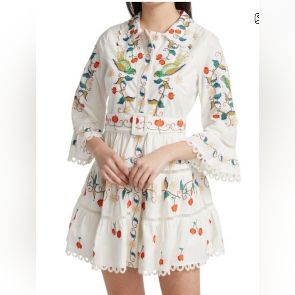 FARM Rio White Embroidered Mini Dress with Multicolor Motifs